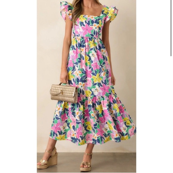 Meet Me In Santorini Medium Floral Flutter Sleeve Tie Back Cut Out Maxi Dress - Picture 1 of 9